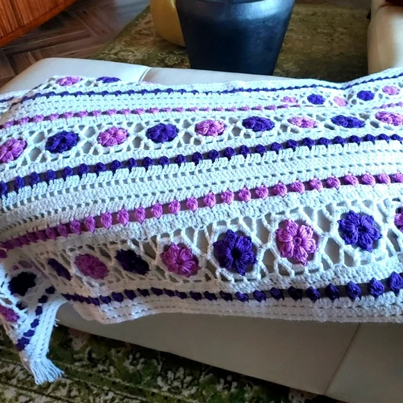 Hand Crocheted Blanket: Purple on White background:Size 105" x 68" approx - Picture 6 of 11